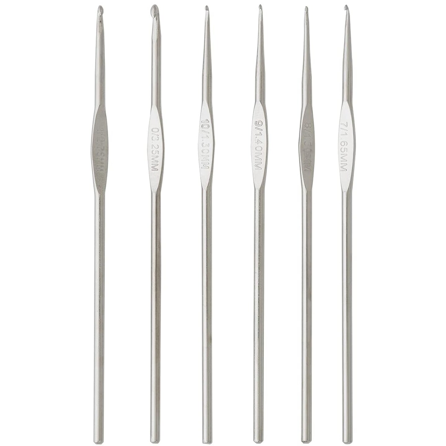 Steel Crochet Hook Set, US Sizes 0, 1, 7, 8, 9, 10, Silver