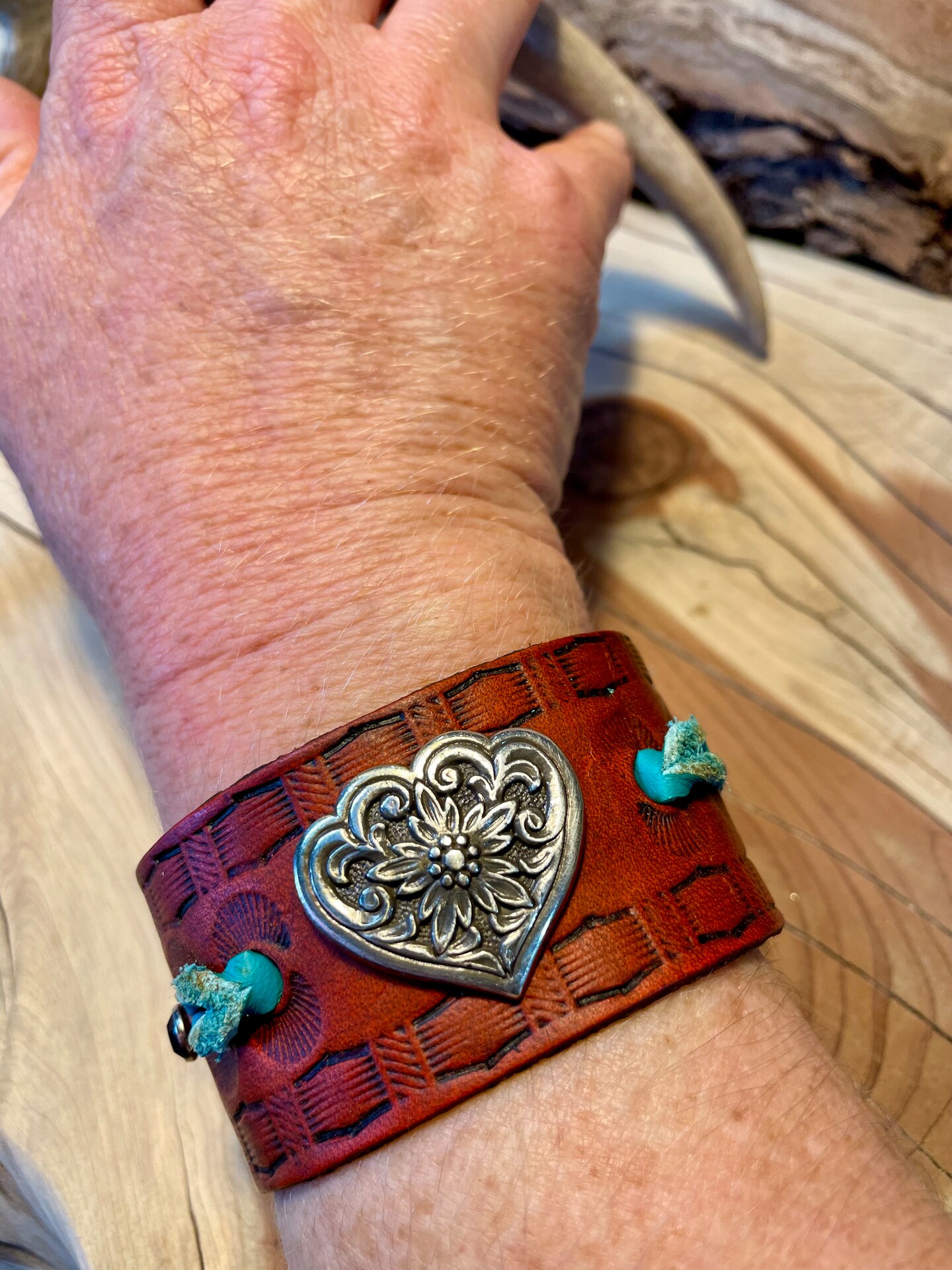 Brown Leather cuff bracelet, western tooled gift for women, floral