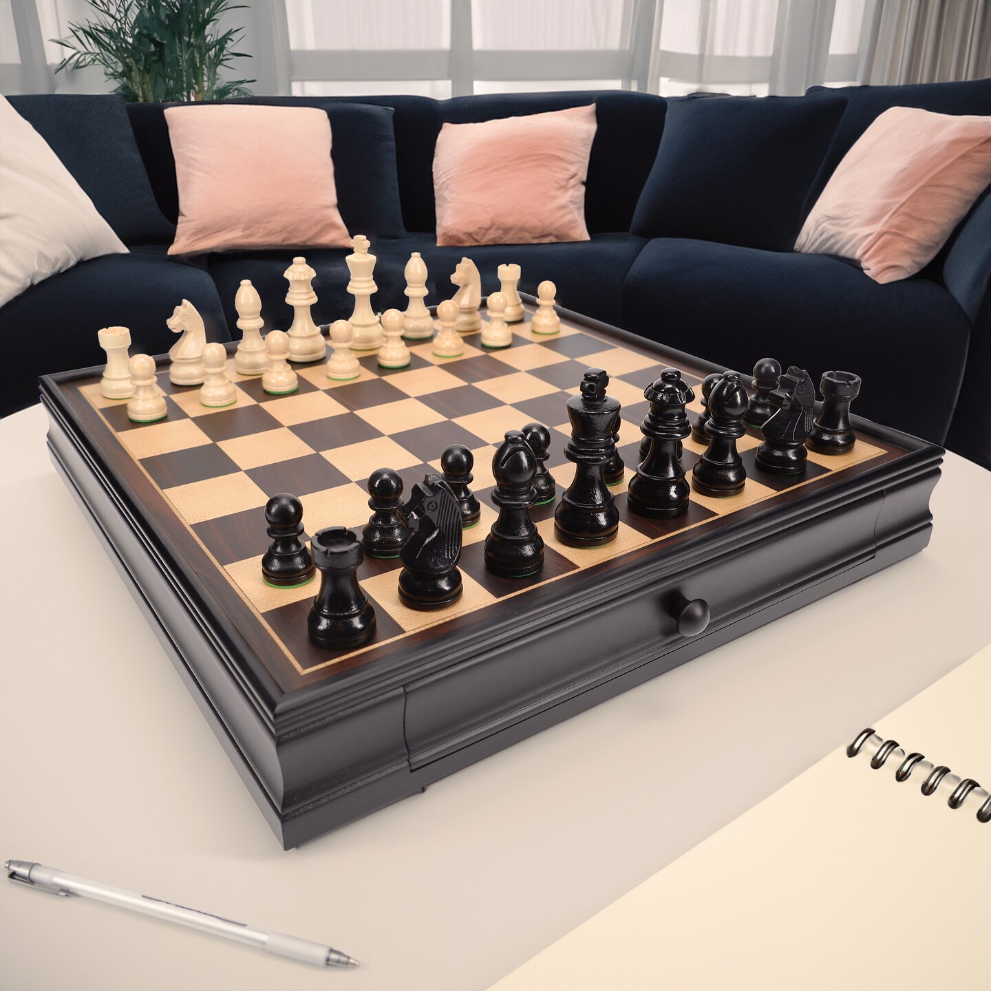 WE Games French Staunton Chess &#x26; Checkers Set - Weighted Pieces, Black Stained Wooden Board with Storage Drawers - 15 in.