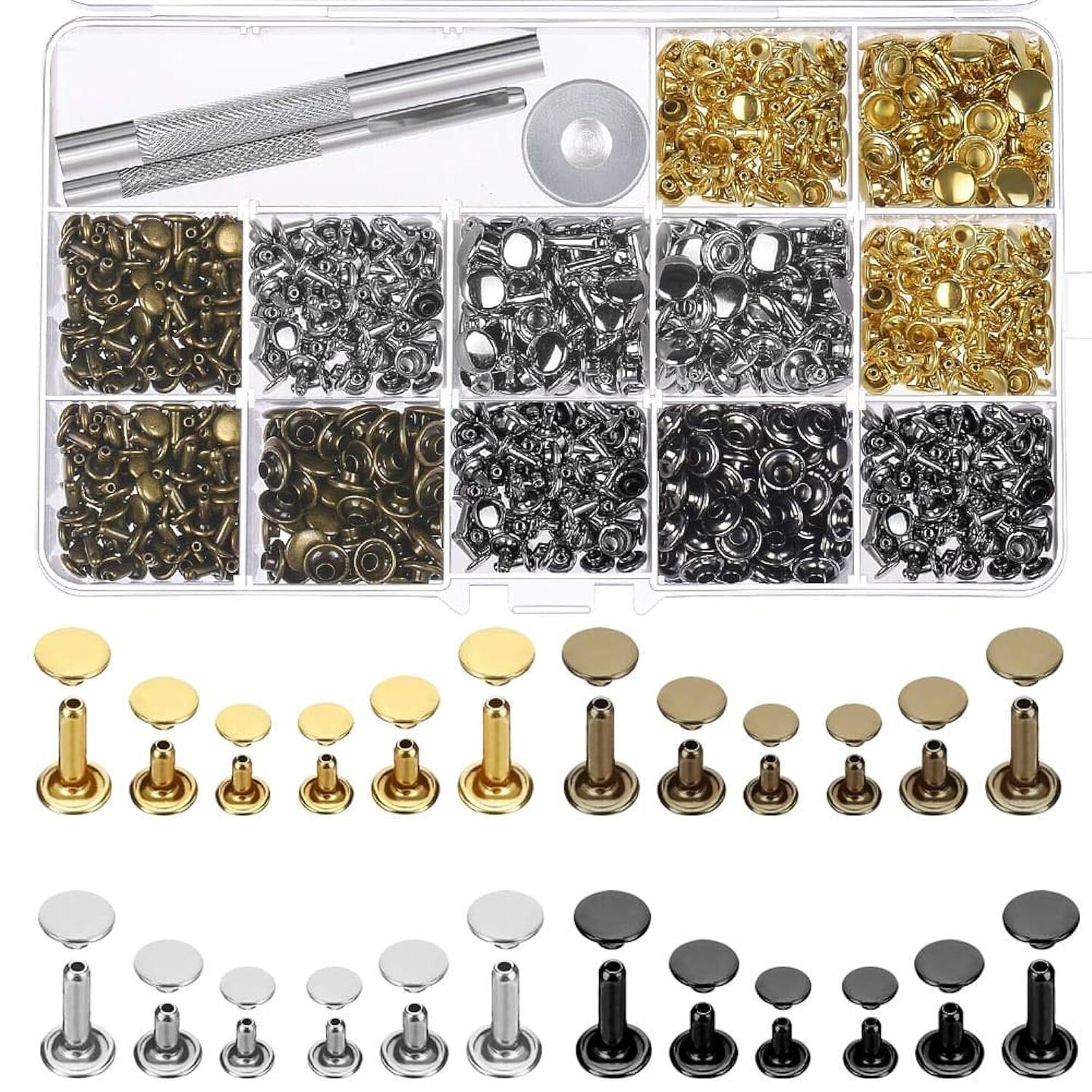 480 Sets 4 Colors 3 Sizes Leather Rivets Double Cap Rivet Tubular Metal Studs with 3 Pieces Setting Tool Kit for Leather Craft Repairs Decoration
