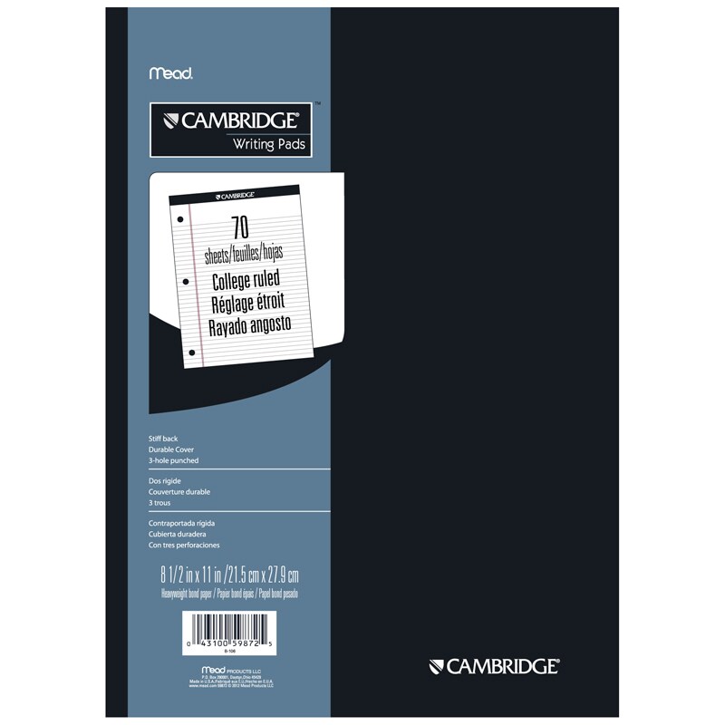 Cambridge Stiff-Back Legal Pad, White, 8.5&#x22; X 11&#x22;, 70 Sheets