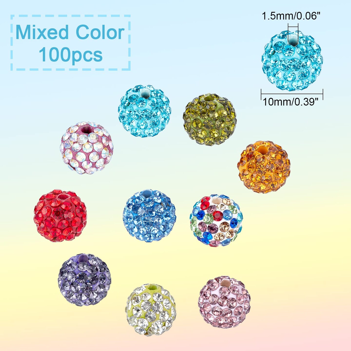 100 Pieces 10mm Crystal Beads Rhinestones Beads Pave Disco Ball Beads Mixed Color Polymer Clay Diamond Round Beads for Summer Bling Pen Bracelet Necklace Earring Jewelry Making Christmas