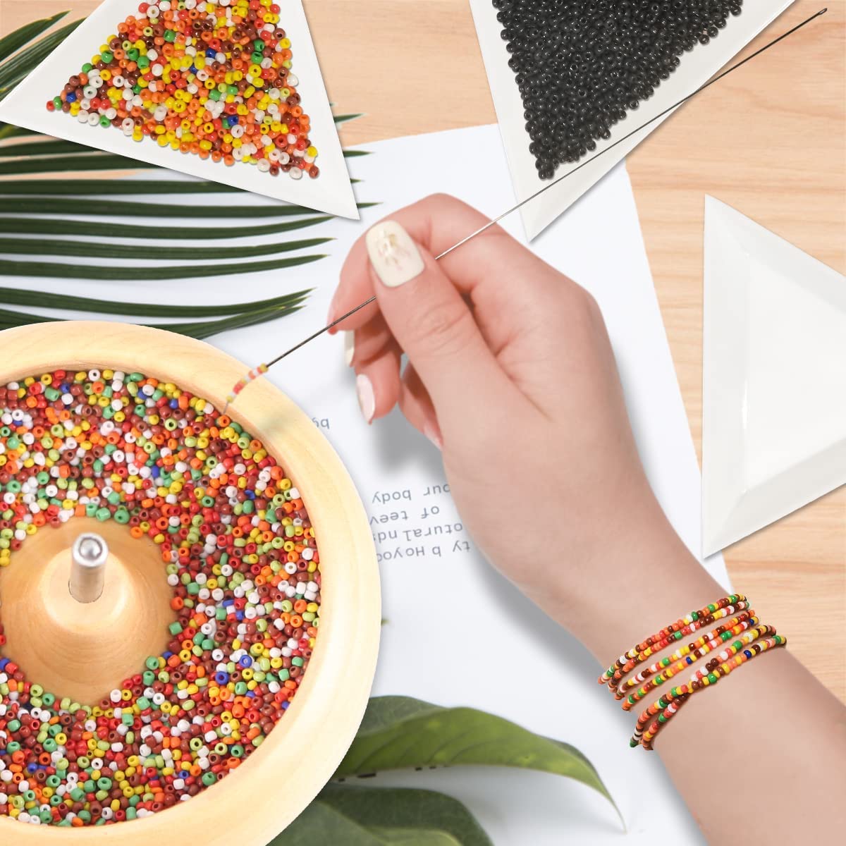 8000 Pieces The Upgrade Version Wooden Bead Spinner with 2 Pcs Big Needles and 1 Surprise Gift Pack for Jewelry Making Tools,Quickly Stringing Beads Tool