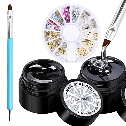 4 Pieces Set Rhinestone Glue for Nail, No Wipe Nail Gem Glue, Super Strong Adhesive Glue Gel with Nail Charms &#x26; Dual-Use Nail Brush for Nail Rhinestones/Nail Jewelry/Nail Diamonds