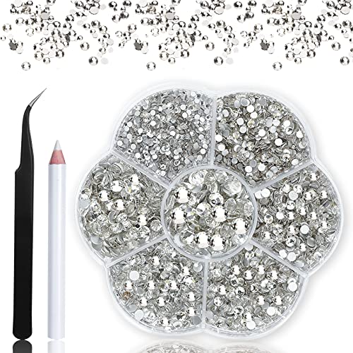 3150 Pieces Clear Nail Gems Silver Face Jewels Tooth Eye Gems-Tiny Glass Nail Diamonds Stone Flatback-Small White Crystals Rhinestone for Acrylic Nails-Craft Gems with Wax Pen HINABTRU