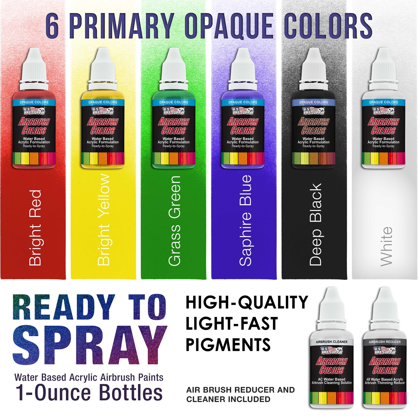 6 Color Starter Acrylic Airbrush Paint Set; Primary Opaque Colors plus Reducer &#x26; Cleaner, 1 oz. Bottles
