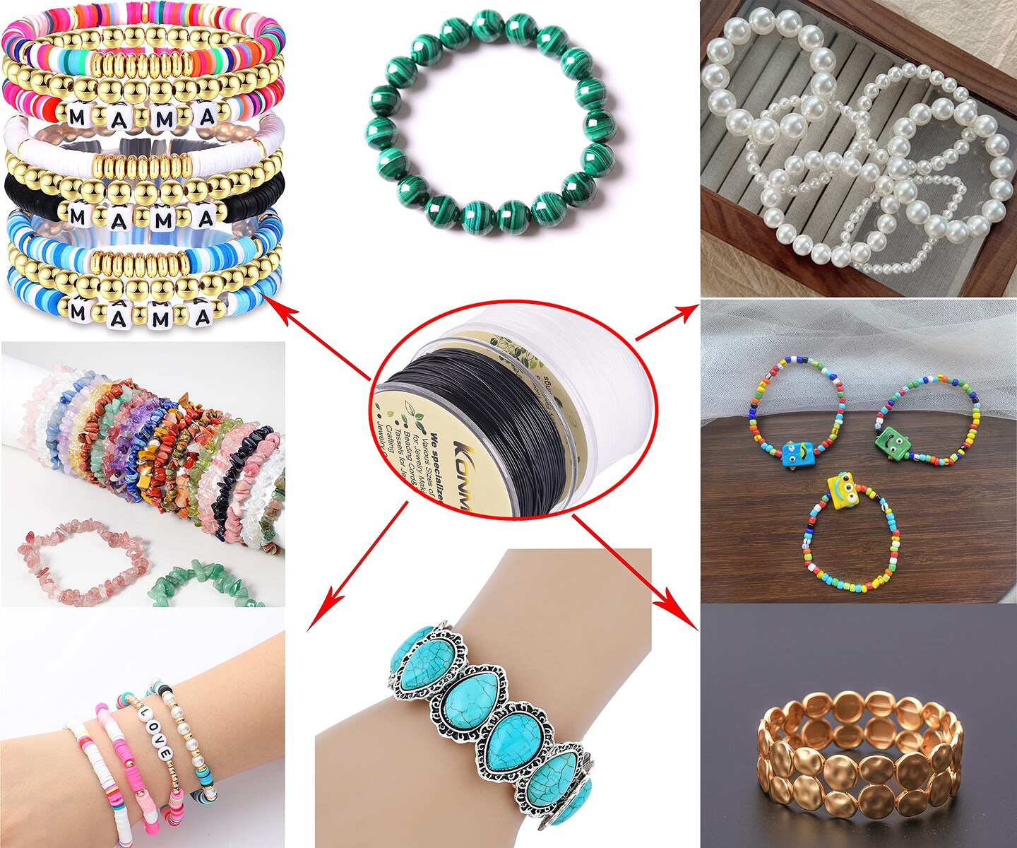 2 Rolls 0.8mm Round Stretchy Bracelet Strings with Organizing Case, 130 Yards Black and White Crystal Elastic Thread Cord for Jewelry Bracelets Making and Beading