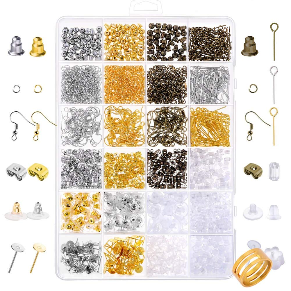 2400 Pieces Earring Making Supplies Kit with 24 Style Earring Hooks, Earring Backs, Earrings Posts and Earring Making Findings for Adult