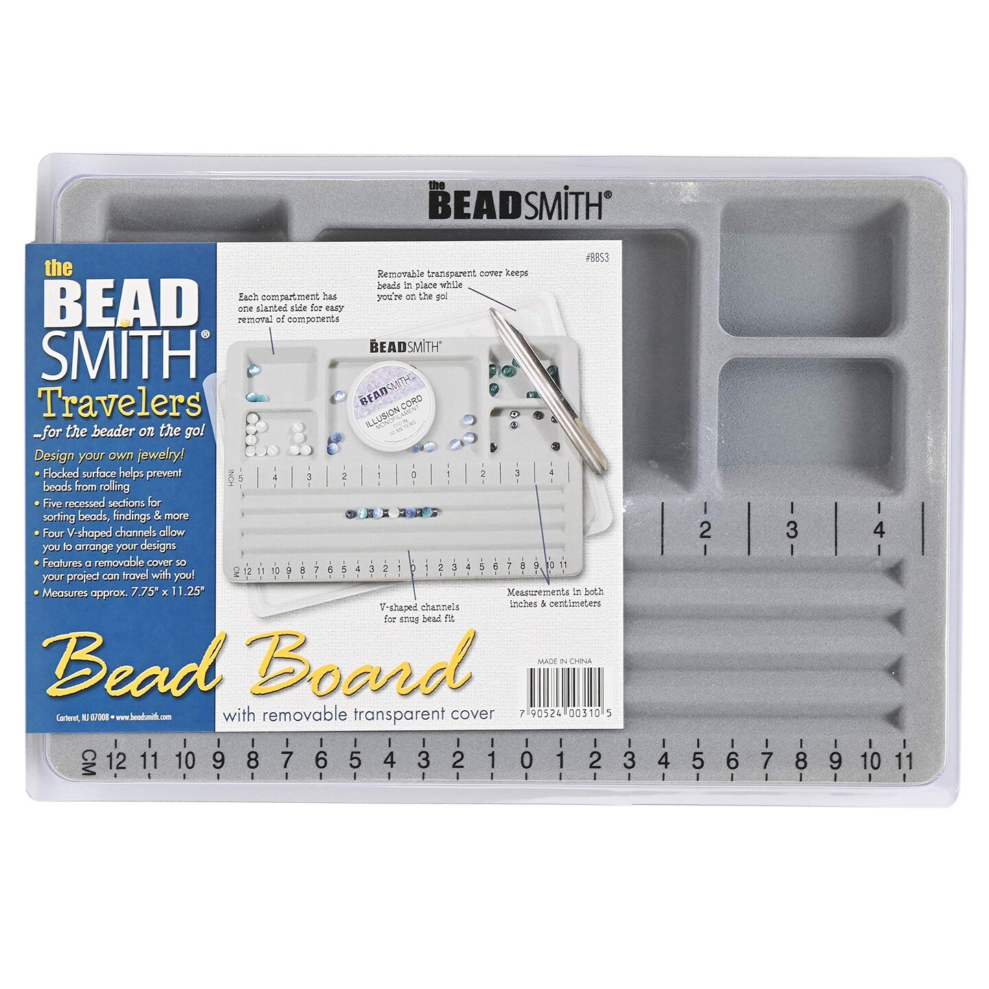 Mini Bead Board, Grey Flocked, 4 Straight Channels, 5 Recessed Compartments, 7.75 x 11.25 inches, design boards for creating bracelets, necklaces and other jewelry
