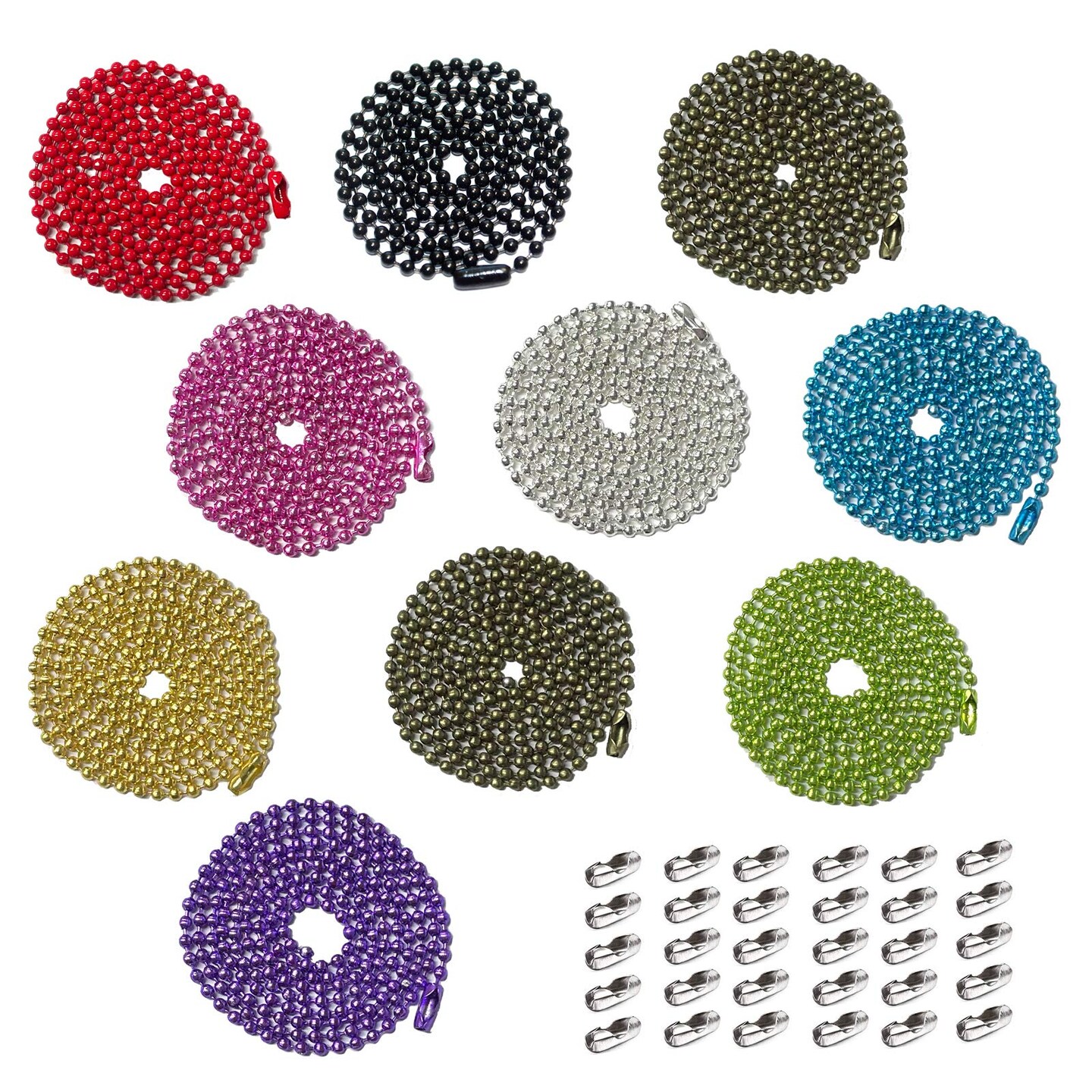 10 Pieces 28inch Stainless Steel Ball Bead Chain Ten Colors with 30 Pieces Matching Connectors 2 mm Diameter Ball Chain for Hanging Christmas Ornament Jewelry Findings Key Chain Tags Craft Projects