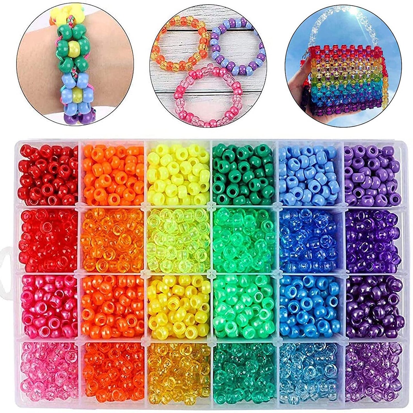2880 Pieces Pony Beads Kit, Kandi Beads for Hair, Rainbow Beads Plastic Bead for Craft 6 x 9mm 24 Colors 4 Styles Large Hole Beads Set for Bracelets Jewelry Making