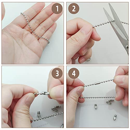 32.8 FT Stainless Steel Ball Beaded Chain Necklace Chains for Making Jewelry with 20 Pieces Matching Connectors Silver Color Metal Pull Chain Roll Spool Ball for Dog Tag DIY (2.4mm in Diameter)