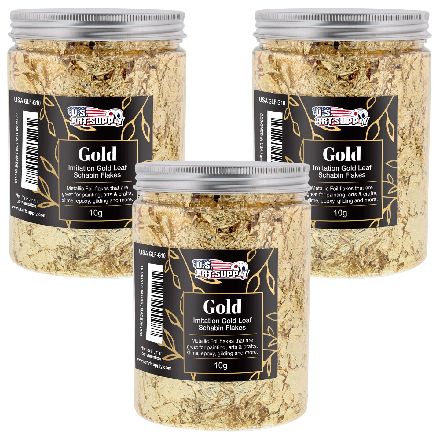 Metallic Foil Schabin Gilding Flakes (3 Pack), Imitation Gold 10 Gram Bottles - Metal Leaf Foil Flakes for Resin, Nails, Crafts, Painting, Jewelry, Slime