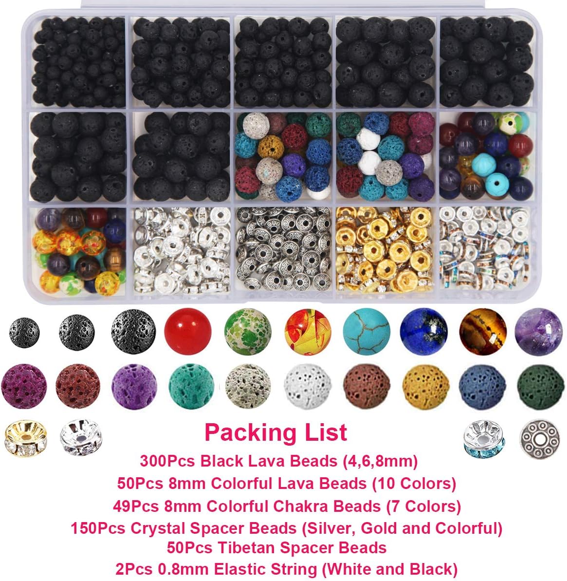 602Pcs Lava Beads Stone Kits with 8mm Chakra Beads and Spacers Beads Bracelet Elastic String for Diffuse Essential Oils Adult DIY Jewelry Making Supplies