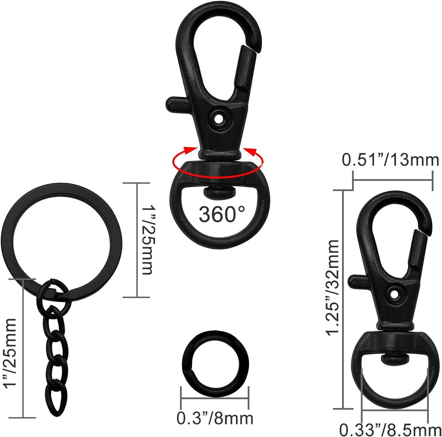 150Pcs Black Swivel Snap Hook Set,Swivel Clasp Keychain Hook Lobster Clasp Split Key Rings with Chain and Jump Rings Bulk for Keychain Lanyard,Jewelry,DIY Crafts Supplies