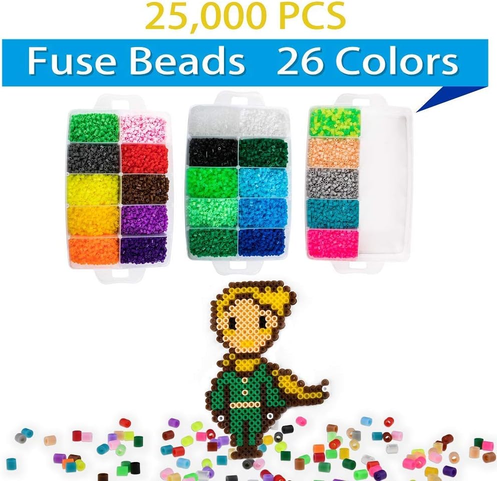 25,000 pcs Fuse Beads Kit 26 Colors 5MM, Including 127 Patterns, 4 Big Square, 1 Heart Pegboards, 1 Flower Ironing Paper, Tweezers, Beads