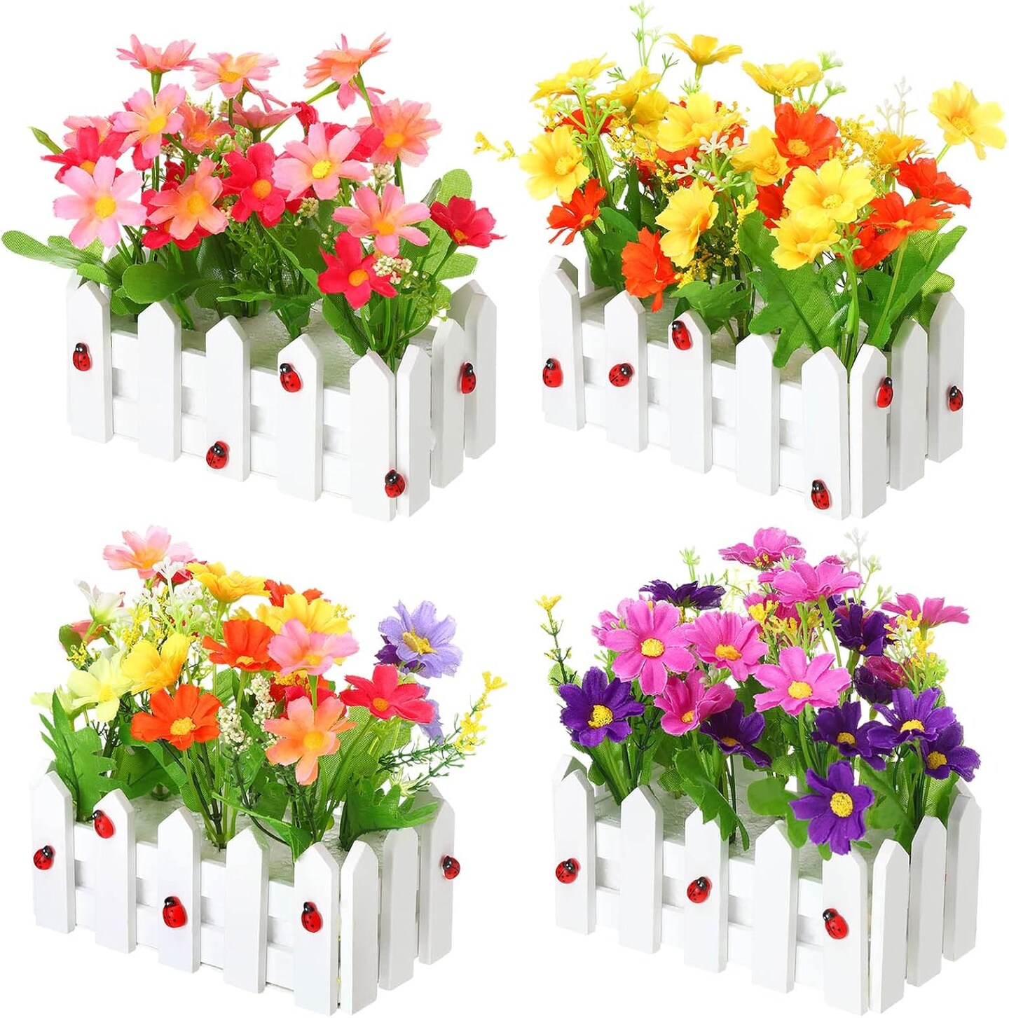 Artificial Flower Plants Potted in Picket Fence Mixed Color Daisies in Picket Fence Pot for Indoor Office Wedding Home Spring Decor (6.3 inches, 24 pieces)