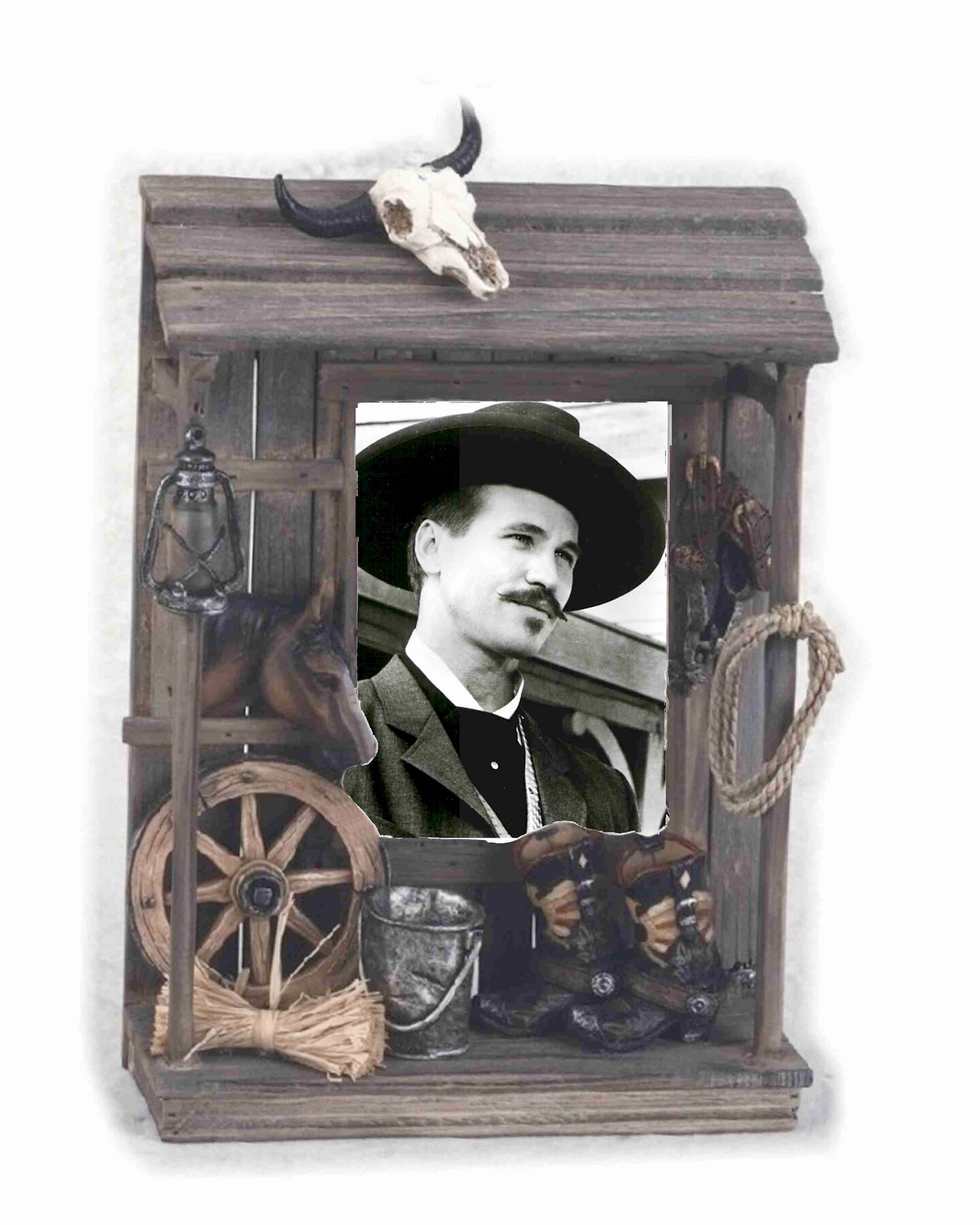 Tombstone Doc Holliday Photo in an Old Barnwood Shack Frame With Accents Cowboy Boots Lantern Hat Gear Rope Wagon Wheel  Unique Western