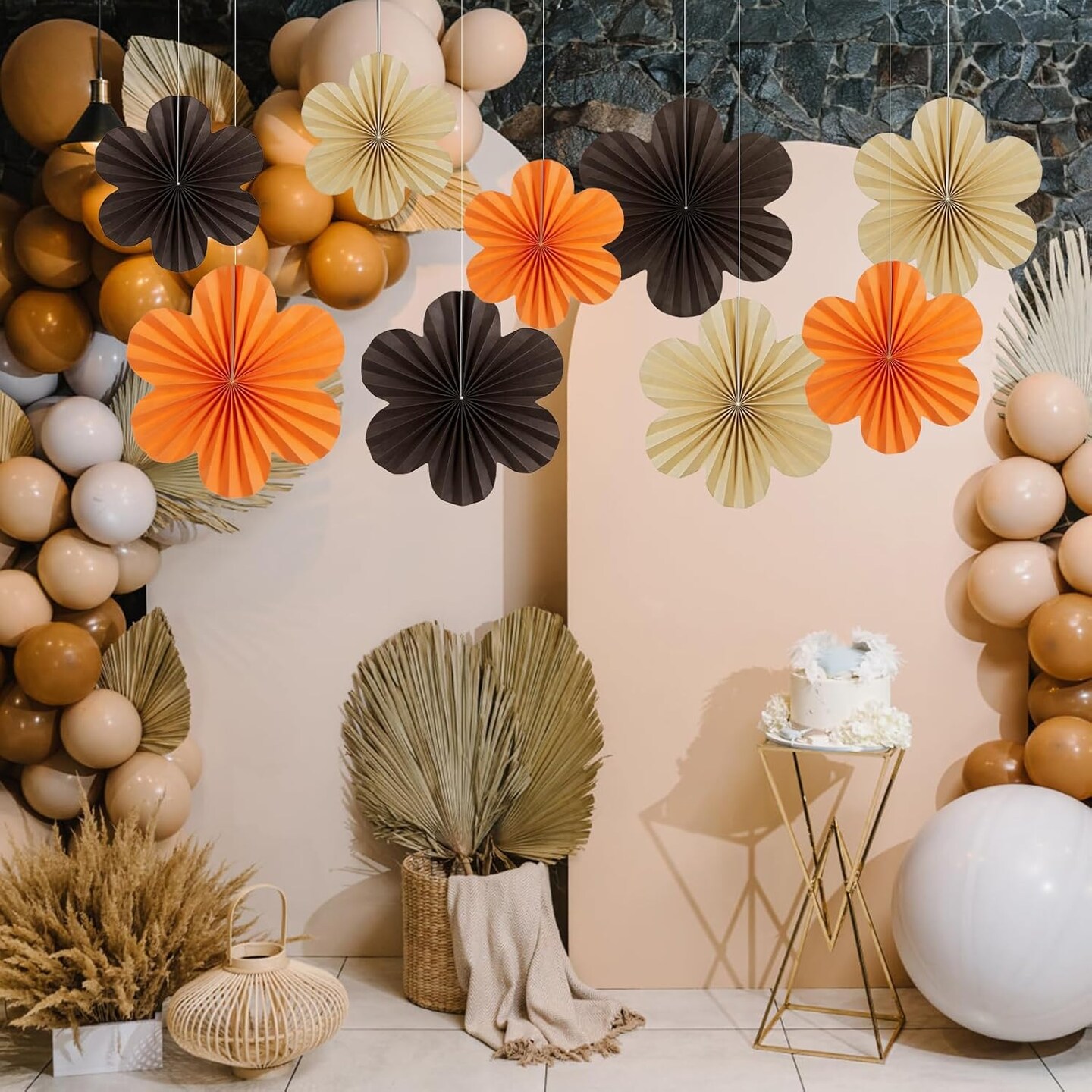 Paper Flower Decorations for Wall Paper Fans Classroom Decoration Paper Floral Backdrop Hanging paper fans for decoration. Brown Flower Wall Decor, Set of 9.