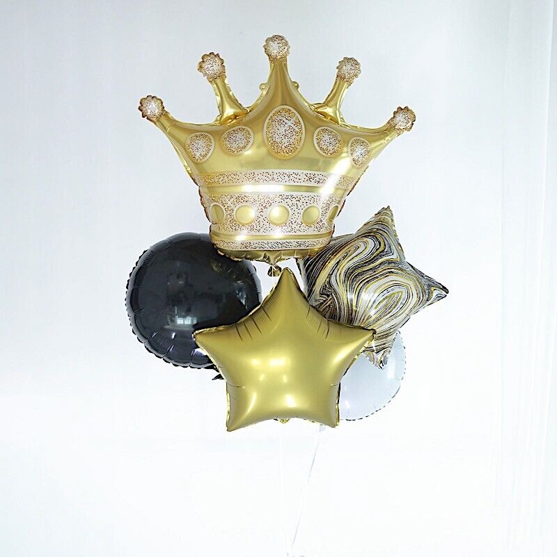 6 Gold Black White Round Crown Stars Mylar Foil BALLOONS