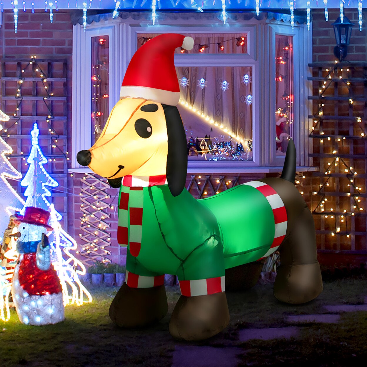 Gymax 4FT Long Christmas Inflatable Dachshund Dog Holiday Decoration w/ LED Lights