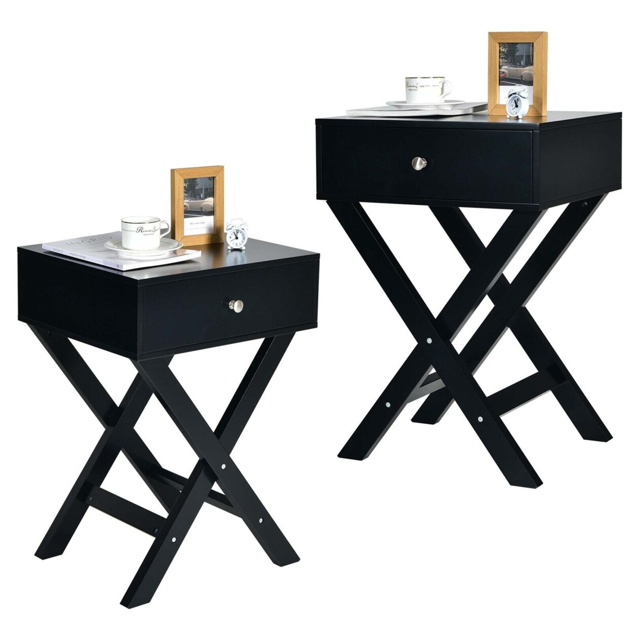 Set Of 2 X-Shaped Nightstand Side End Table Bedside Table W/ Drawer