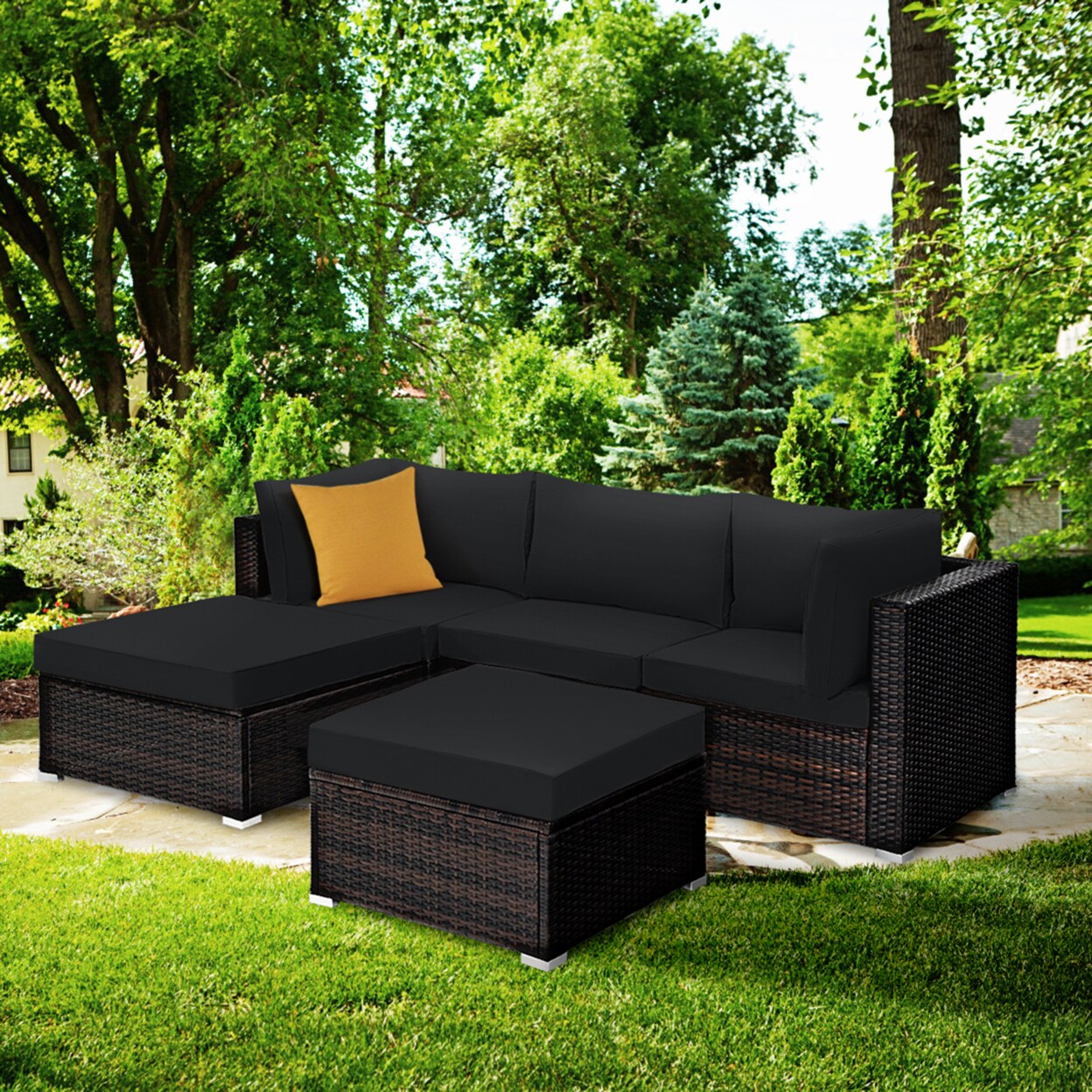 Gymax 5PCS Rattan Patio Conversation Set Outdoor Furniture Set w Black Cushions
