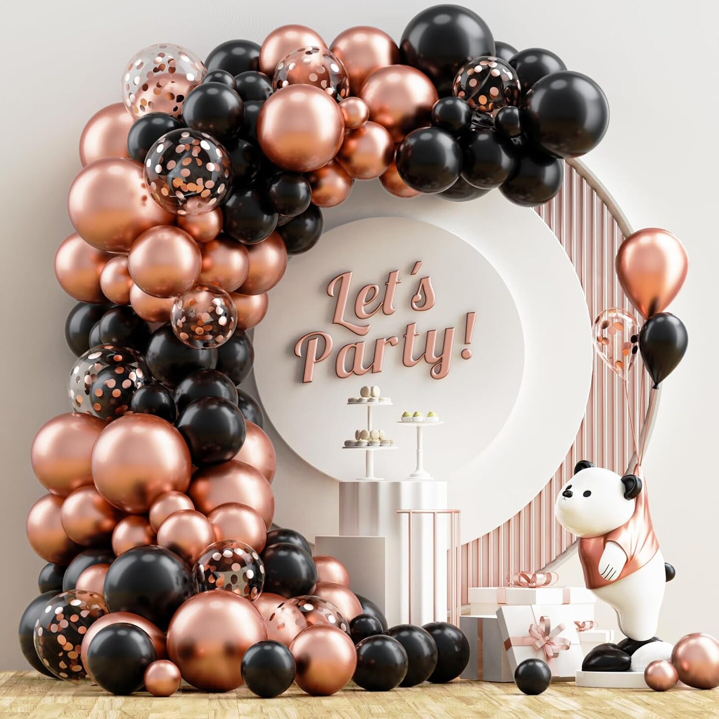 Black and Rose Gold Balloons Garland Arch Kit, 120PCS Black Metallic Rose Gold Confetti Balloons for Engagements Wedding Valentine's Day Graduation Birthday Anniversary Party Decorations