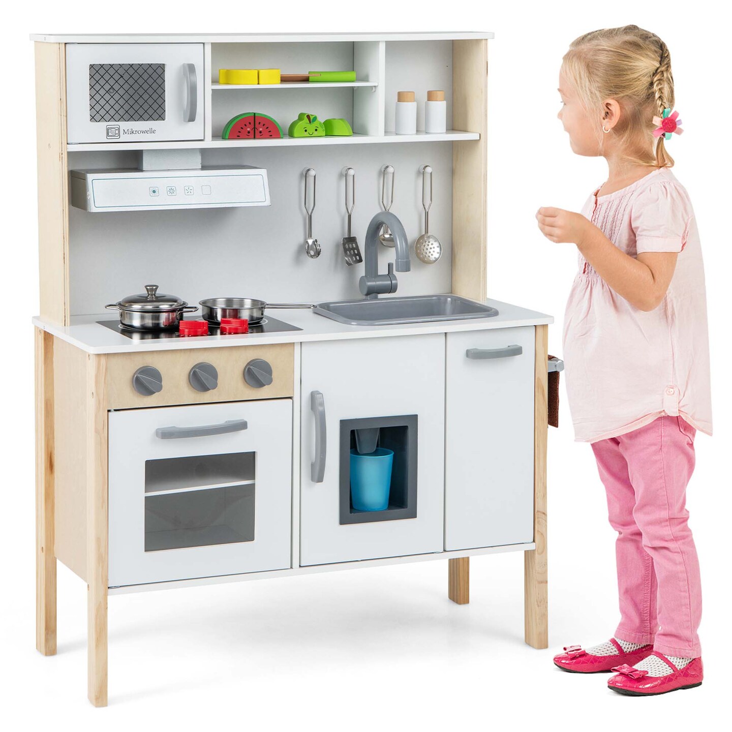Costway Kids Kitchen Playset Wooden Pretend Play Chef Toy with Microwave &#x26; Accessories Pink/White