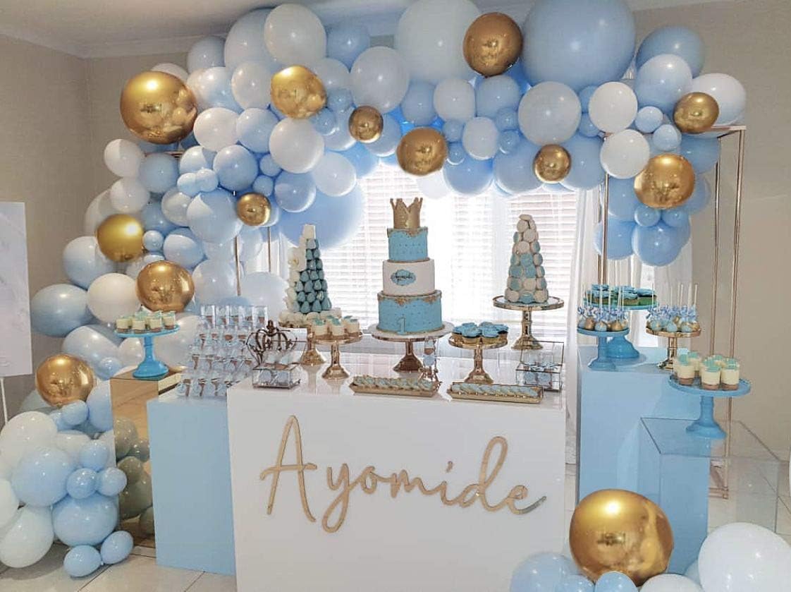 Blue White Gold Balloon Garland Arch Kit Metallic Chrome God Ballons with Macaroon Blue White Latex Balloons for Birthday Wedding Bridal Shower Party Baby Shower Decoration
