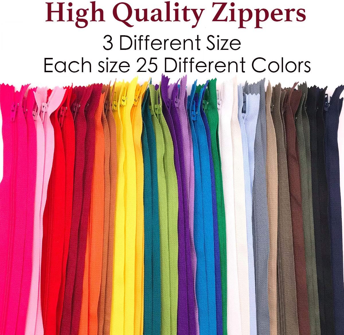75pcs 20 Inch 14 Inch and 9 Inch Mixed Size Nylon Coil Zipper Bulk with Zipper Presser Foot for Sewing Craft(25 Color Zippers)