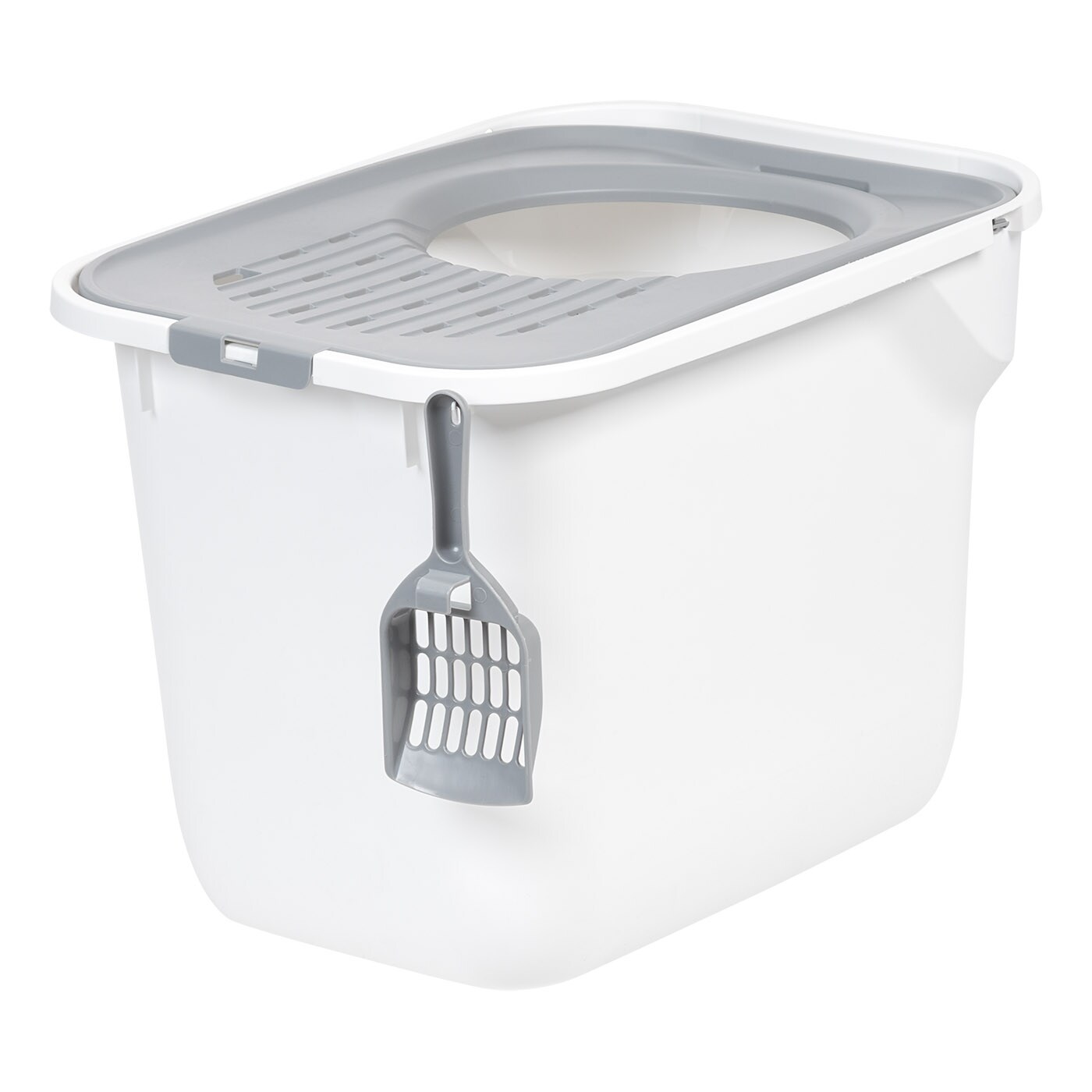 IRIS USA Top Entry Cat Litter Box with Litter Catching Lid, Privacy Walls and Scoop, Cat Pan