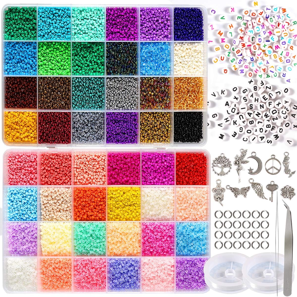 35000pcs 2mm 12/0 Seed Beads Craft Set Bracelets Necklace Ring Making Kits  Glass Seed Letter Alphabet Beads Charms Pendants DIY Art Kit for Girls
