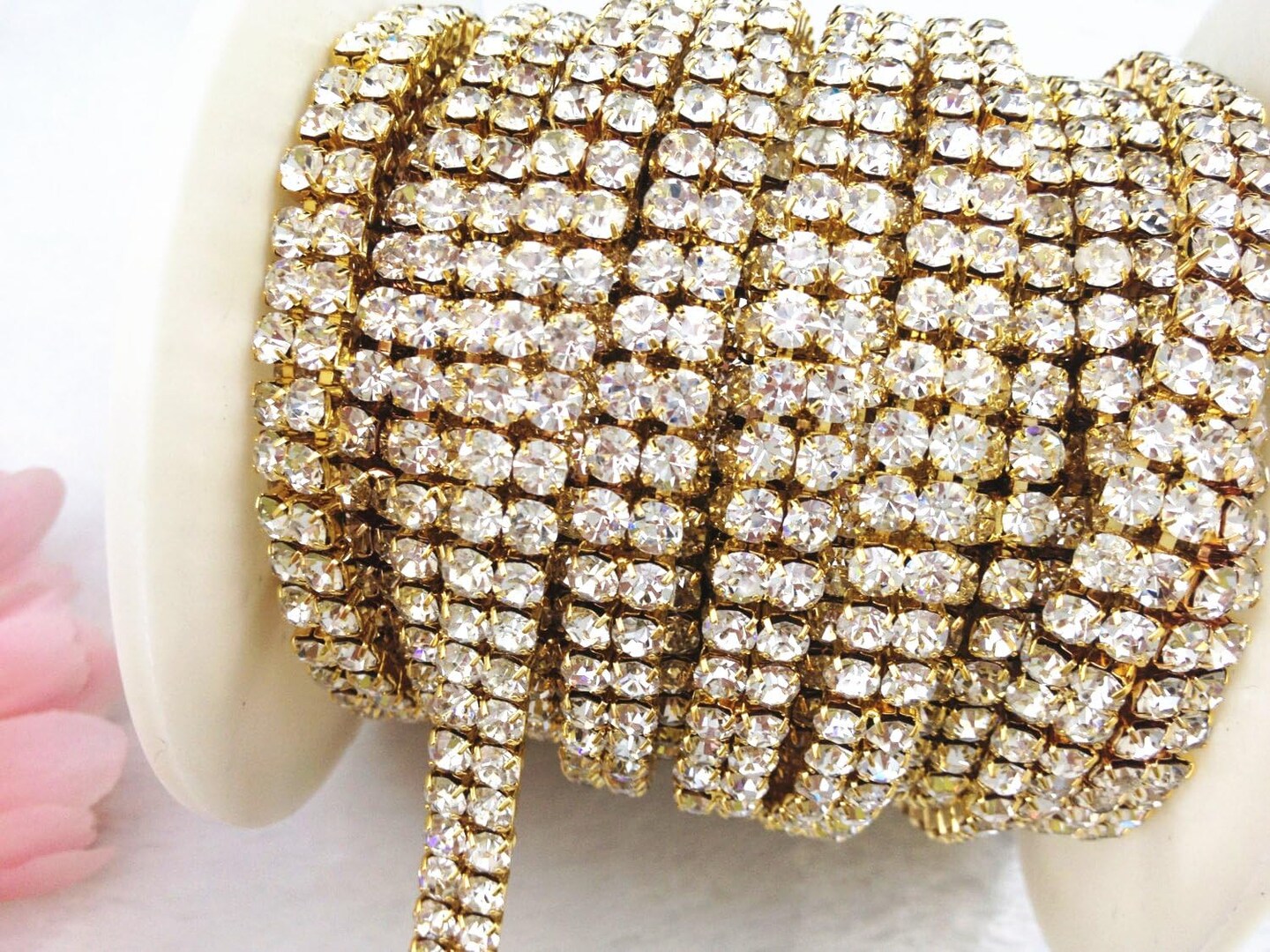 3 Feet 1 Yard 2 Rows Ss16 4mm Close Rhinestone Chain Trims Cup Chain Wedding Cake (Gold+Clear Crystal)