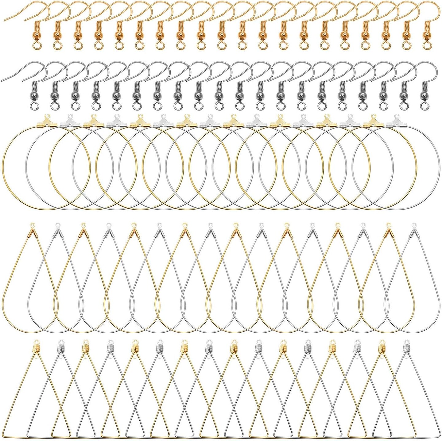 96Pcs Earrings Beading Hoop Set for Jewelry Making,Earring Finding Triangle Teardrop Round Beading Hoop Earrings Bulk with 200Pcs Earring Hooks Hoops Wires for DIY Craft Earring Jewelry Making Earring