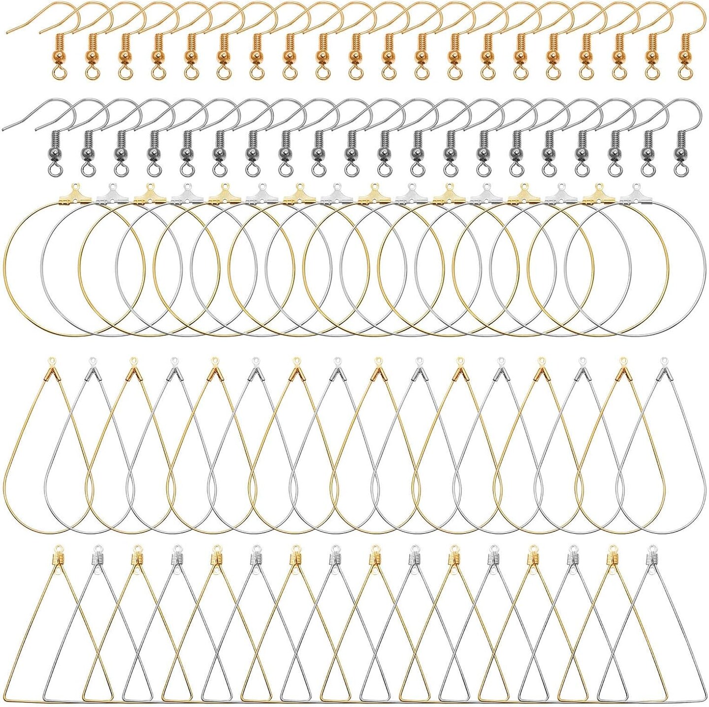 96Pcs Earrings Beading Hoop Set for Jewelry Making,Earring Finding Triangle Teardrop Round Beading Hoop Earrings Bulk with 200Pcs Earring Hooks Hoops Wires for DIY Craft Earring Jewelry Making Earring