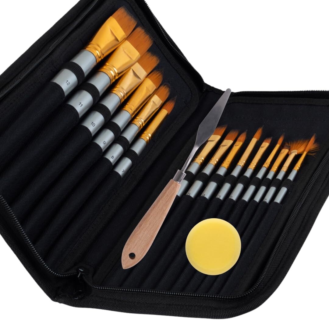 Artist Paint Brush Set 16Pc - Includes Palette Knife, Sponge, Organizing Case for Watercolor, Acrylic, Oil Painting - Professional Painting Brushes for Kids, Adults &#x26; Artists