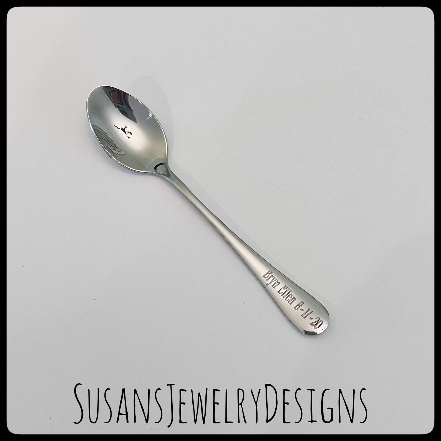 Engraved baby spoon, baby shower gift, new mom baby, name date spoon, personalized, custom wording, unisex, silver stainless steel, benguiat product 3