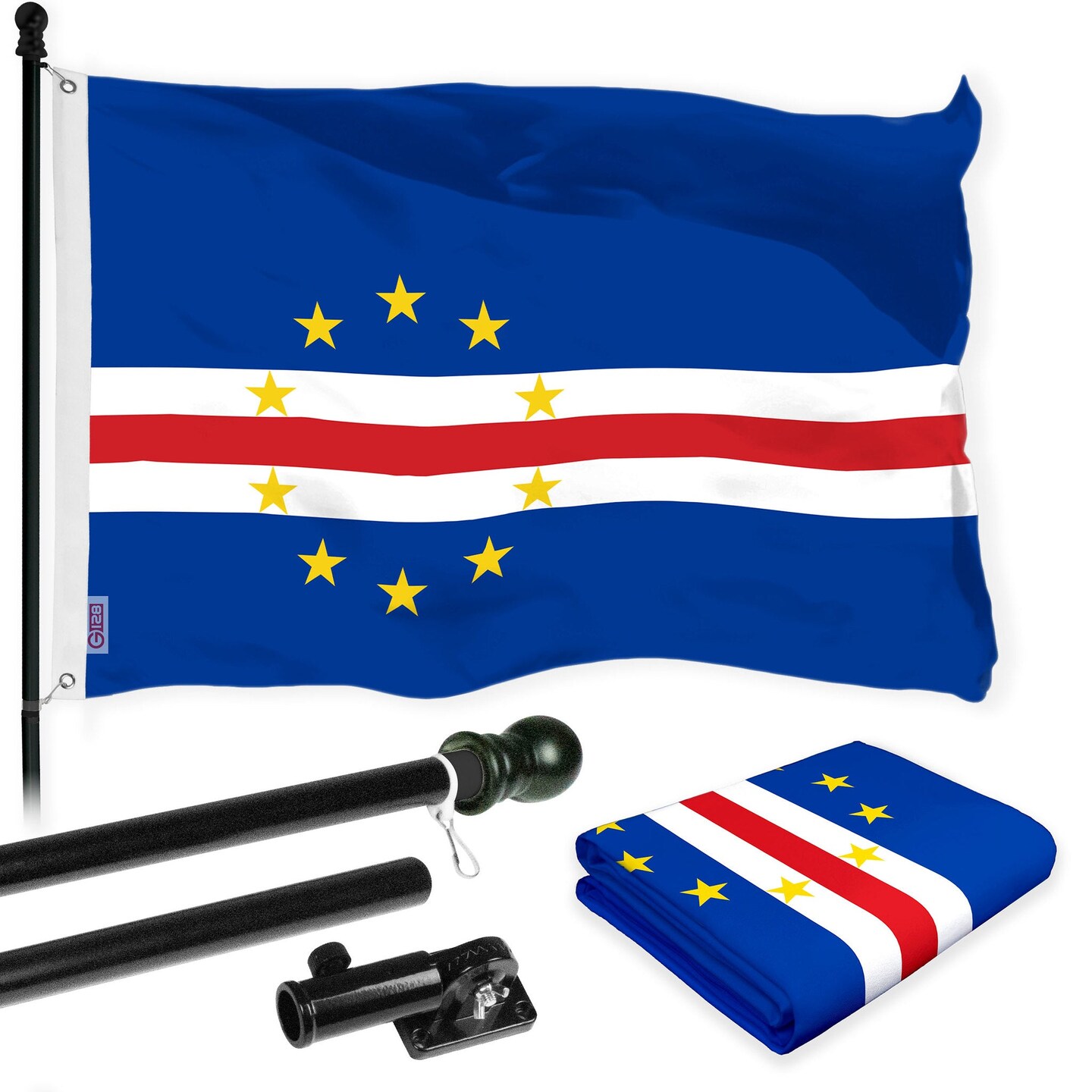 G128 Combo Pack: 6 Ft Tangle Free Aluminum Spinning Flagpole (Black) &#x26; Cape Verde Cape Verdean | 3x5 Ft | LiteWeave Pro Series Printed 150D Polyester | Pole with Flag Included