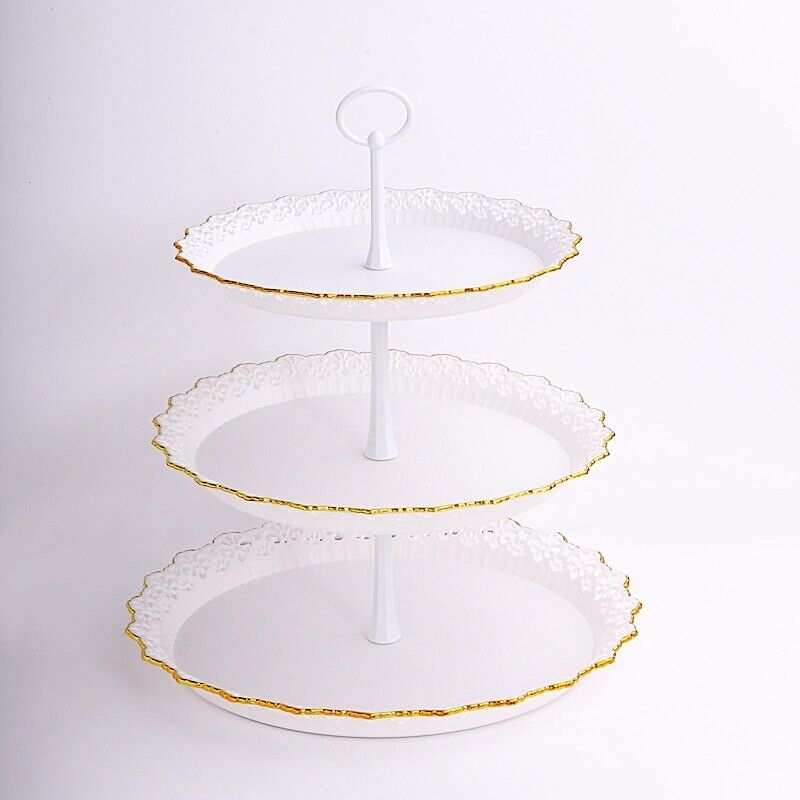 15&#x22; Metallic White Gold 3 Tier Plastic Cupcake Stand Round Tower Lace