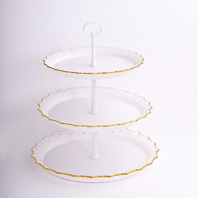 15" Metallic White Gold 3 Tier Plastic Cupcake Stand Round Tower Lace