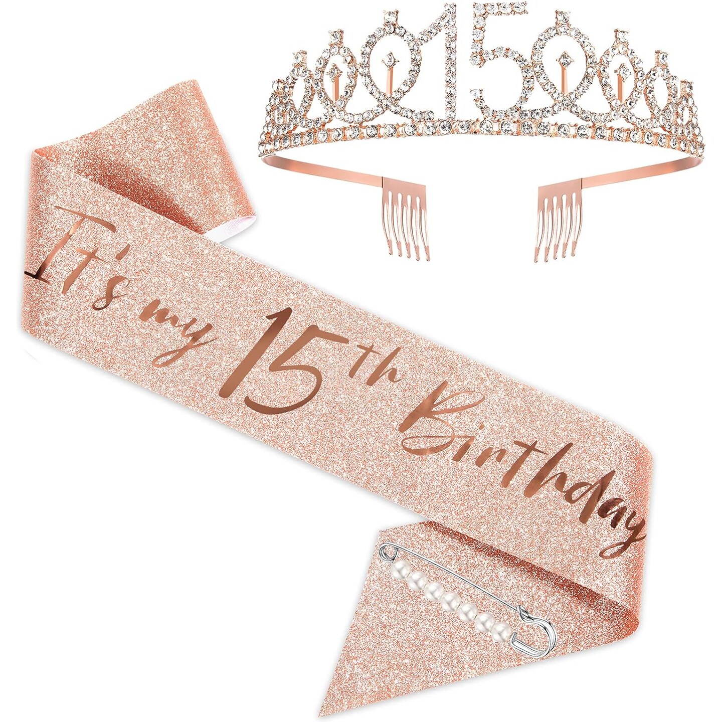 15th Birthday Sash and Tiara for Girls, Rose Gold Birthday Sash Crown 15 &#x26; Fabulous Sash and Tiara for Girls, 15th Birthday Gifts for Happy 15th Birthday Party Favor Supplies