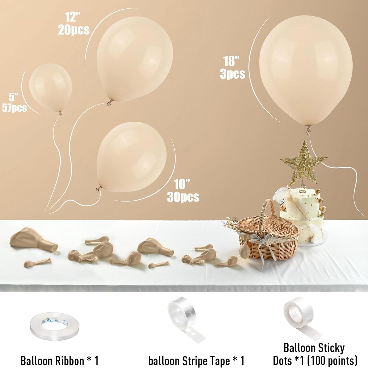 White Sand Balloons, 113Pcs Different Sizes Cream Beige Balloon Garland Arch Kit 18/12/10/5 Inch, Matte Retro Neutral Sand White Latex Helium Balloons for Birthday Wedding Anniversary Party Decoration
