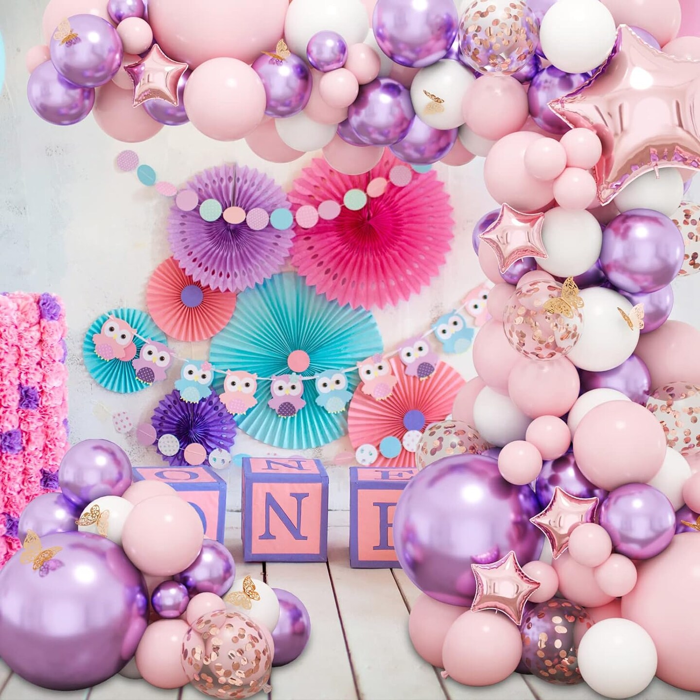 176pcs Pink Purple Balloon Garland, Baby Shower Decorations for Girl with Butterfly Decorations Foil Balloons for Birthday Party Bridal Shower Bachelorette Engagement Decoration