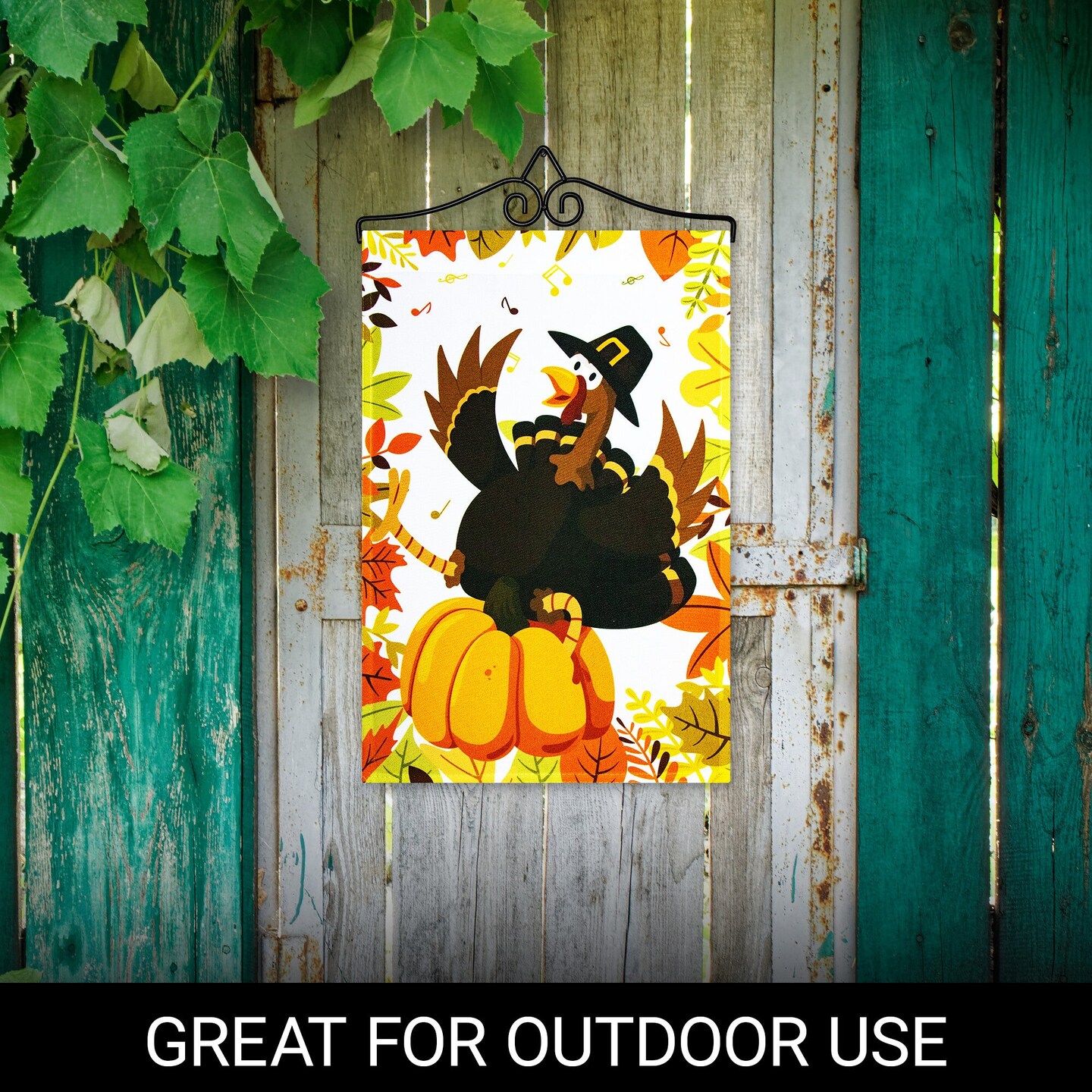 G128 Combo Pack Garden Flag Hanger 14IN &#x26; Garden Flag Pilgrim Turkey with Pumpkin 12x18IN Printed 150D Polyester