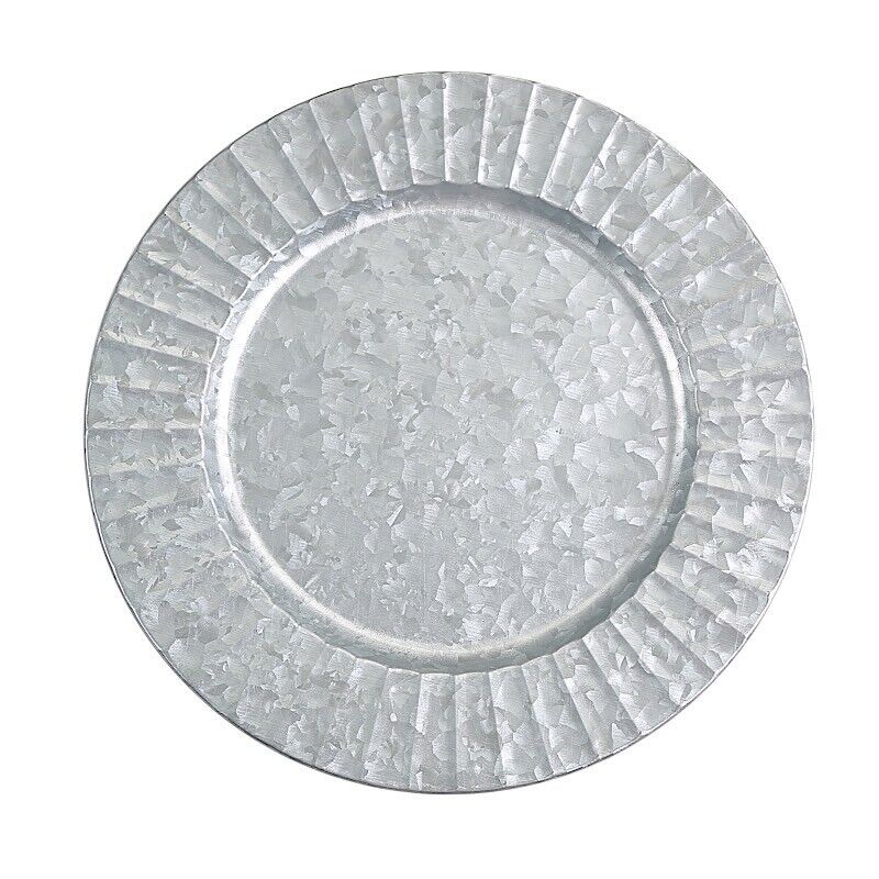 4 pcs 13-Inch Silver Galvanized Metal Round Charger Plates Ruffled Rim