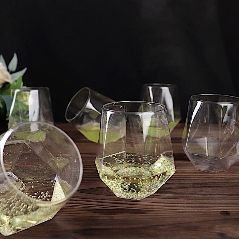 12 Clear 12 oz Disposable Geometric Plastic Stemless Wine GLASSES