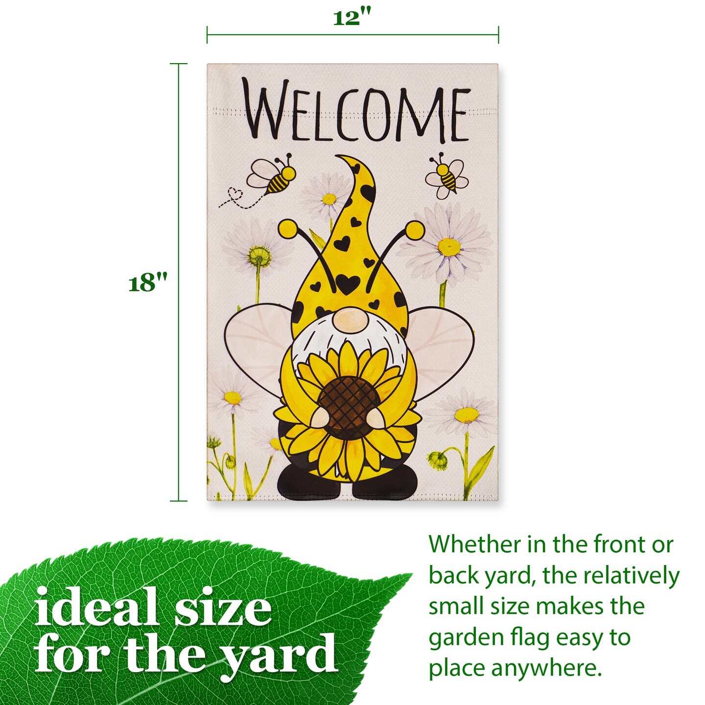 G128 Garden Flag Welcome Bee Gnome with Sunflower 12&#x22;x18&#x22; Blockout Fabric