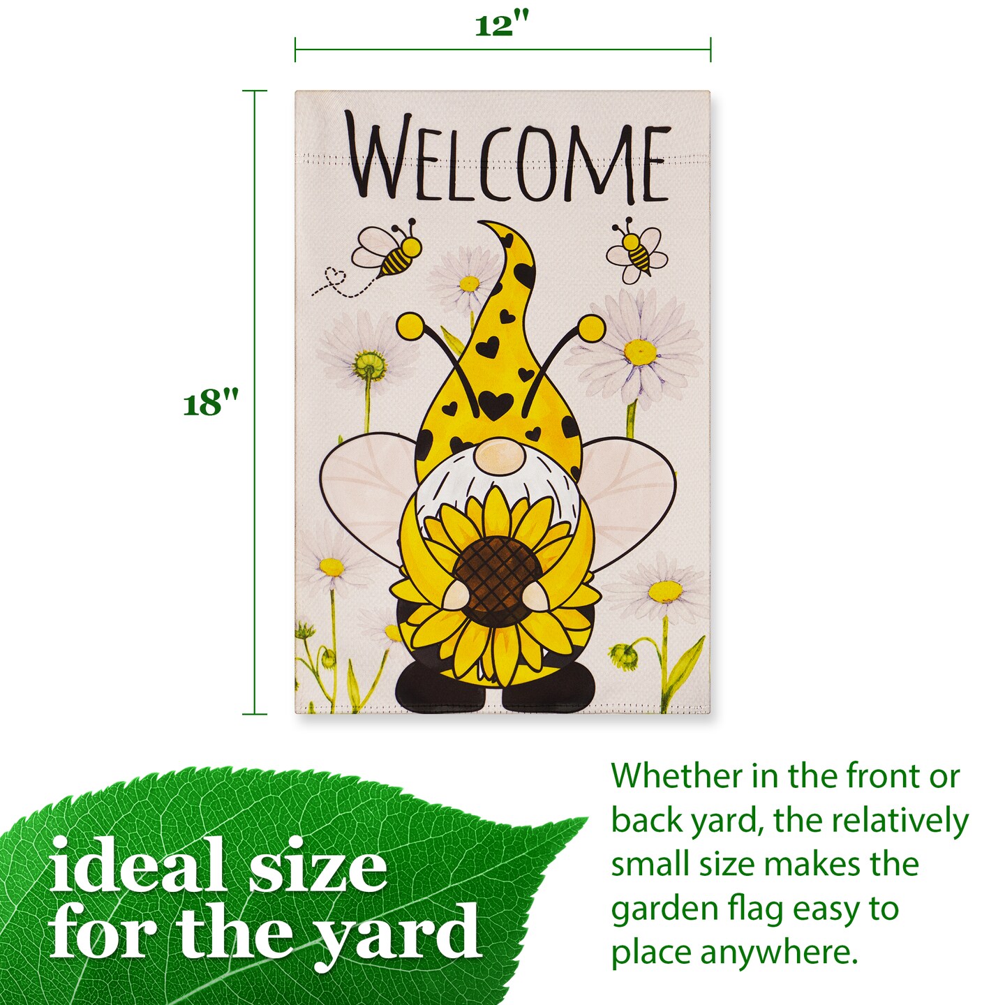 G128 Garden Flag Welcome Bee Gnome with Sunflower 12"x18" Blockout Fabric
