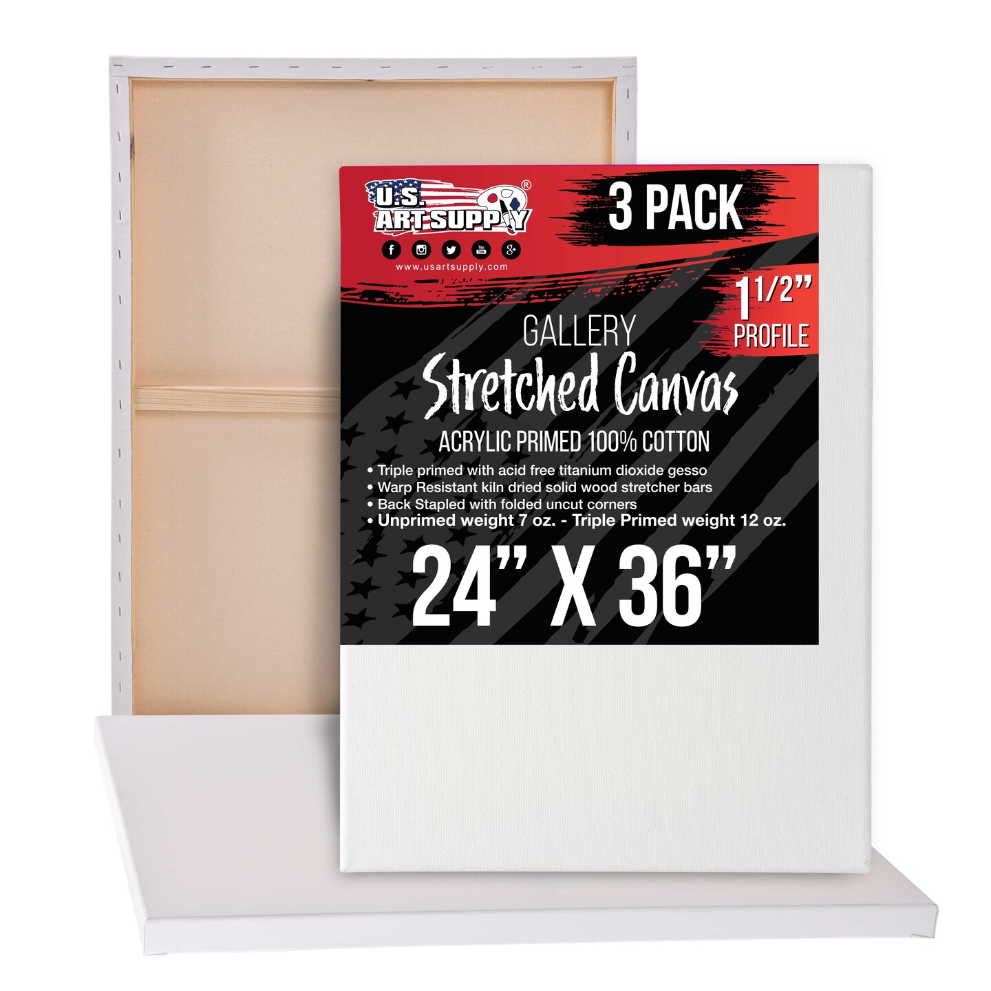 24 x 36 inch Gallery Depth 1-1/2&#x22; Profile Stretched Canvas, 3-Pack - 12-Ounce Acrylic Gesso Triple Primed, - Professional Artist Quality, 100% Cotton